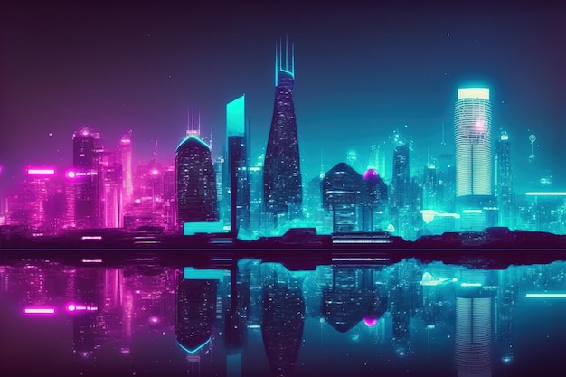 Futuristische Stadt mit neonhellrosa und blau beleuchteter Skyline