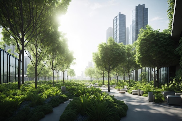 Futuristische Stadt mit Wolkenkratzern, Gebäuden und Parks, die von der KI generiert wurden