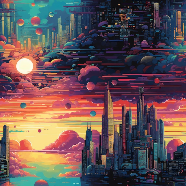 Futuristische Stadt-Pixel-Landschaftsmalerei