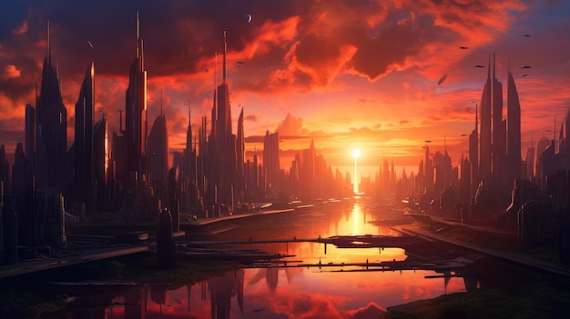 Futuristische Stadt-Skyline im Hintergrund des Sonnenuntergangs, erstellt mit generativer KI-Technologie