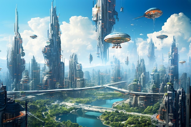 futuristische Stadt-Skyline mit hoch aufragenden holographischen Gebäuden