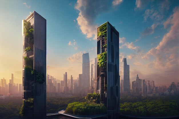 Futuristische Stadt, Wolkenkratzer mit vertikalem Garten, nachhaltige Energie, Ökosystem, Energie