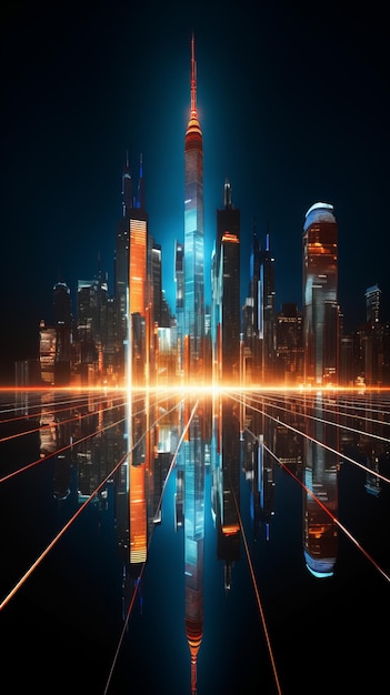 Futuristische Stadtillustration mit blau-orangefarbenen Lichtern, die sich auf dem Boden reflektieren