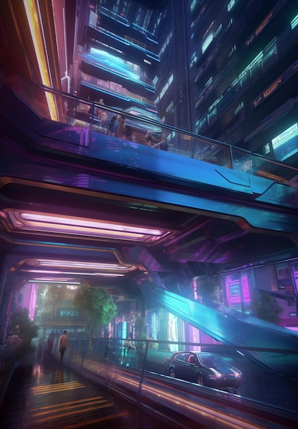 Futuristische Stadtszene mit einem Zug, der durch einen generativen Tunnel fährt