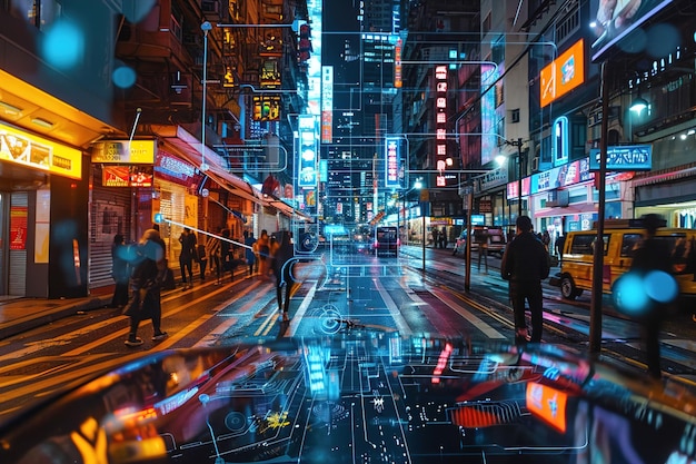 Futuristische Straßenszenen mit Augmented-Reality-Elementen