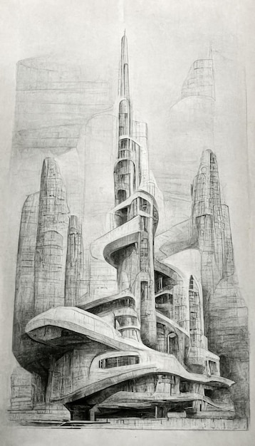 Futuristische surreale Stadtarchitektur Bleistiftzeichnung Stil Fantasy Alien City 3D-Illustration