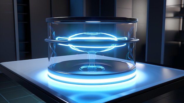 futuristische transparente Levitationskammer mit Magnetfeldern