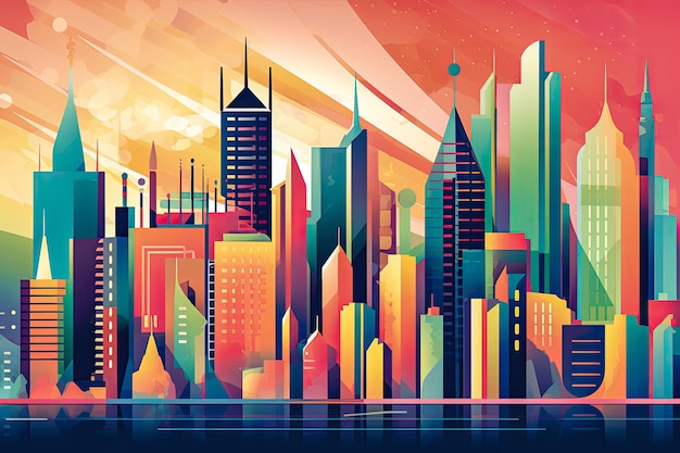 Futuristische Vision einer Skyline der Stadt mit lebendigen Farben Abstrakte flache Illustration Generative KI