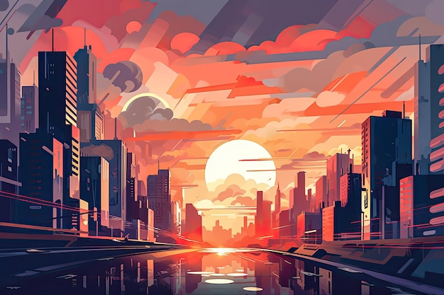 Futuristische Vision einer Stadt mit lebendigen Farben Abstrakte flache Illustration SciFi-Zukunftskonzeptkunst