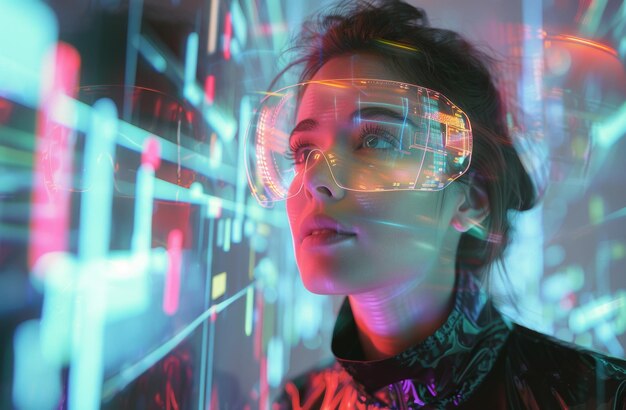 Foto futuristische vision mit frau in hightech-brille mit lebhaften digitalen grafiken