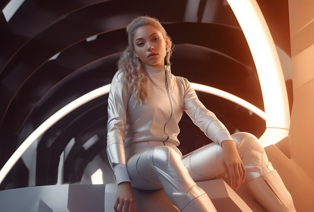 Futuristische weiße Frau trägt Sportkleidung mit Neonröhren mit hellen Beleuchtungselementen Metaverse Virtual Fashion