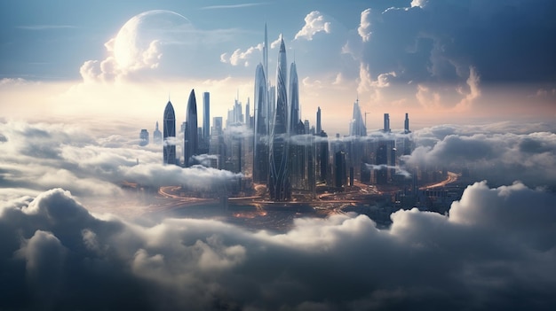 Futuristische Wolkenkratzer ragen durch die Wolken