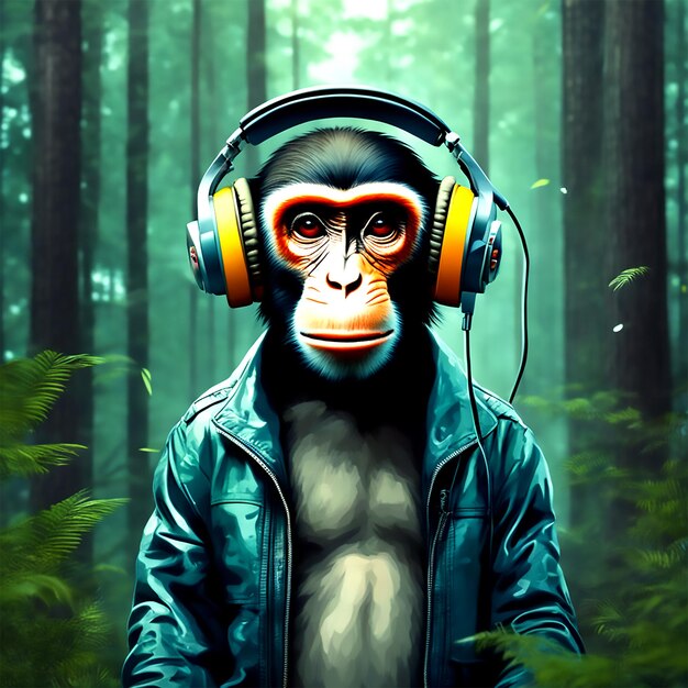 Futuristischer Affe zum Internationalen Musiktag mit Kopfhörern im Waldhintergrund