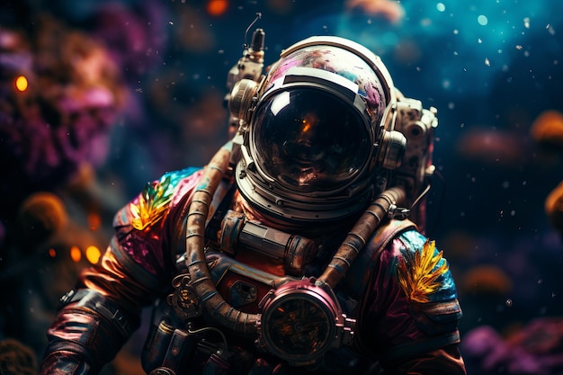Futuristischer Astronaut in Hightech-Kosmosuit auf farbenfroher Oberfläche mit faszinierendem Weltraum-Hintergrund