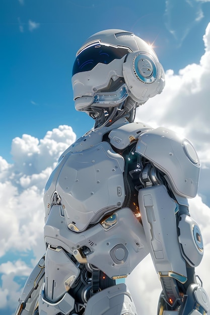 Futuristischer autonomer Roboter-Humanoid vor einem bewölkten Himmel zeigt fortschrittliche Technologie