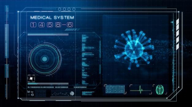 Futuristischer Bildschirm des Virenscans und der medizinischen Untersuchung, Illustrationsbildschirm der intelligenten medizinischen Diagnose, 3D-Darstellungswiedergabe