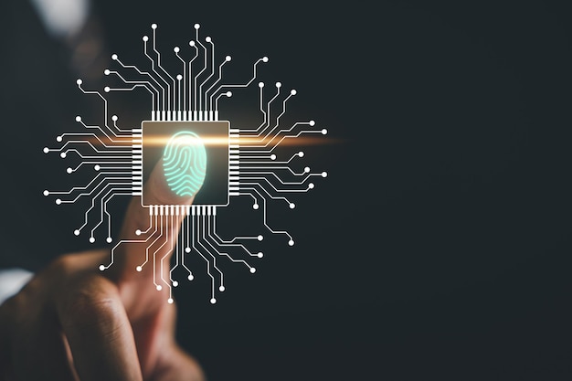 Futuristischer biometrischer Fingerabdruckscanner mit Zeigefinger Konzept der Überwachung und Sicherheitsscans in Cyberanwendungen Ergreifen Sie die Zukunft der Technologie und der sicheren Identität