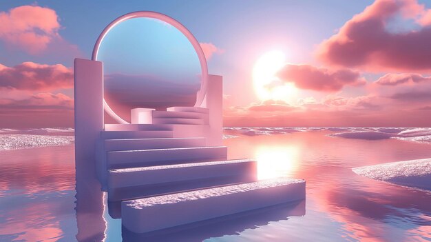 Futuristischer Bogen und Treppe bei Sunset Generative Ai