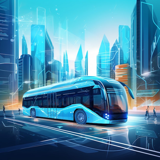 Foto futuristischer bus und zukünftige stadt im hintergrund