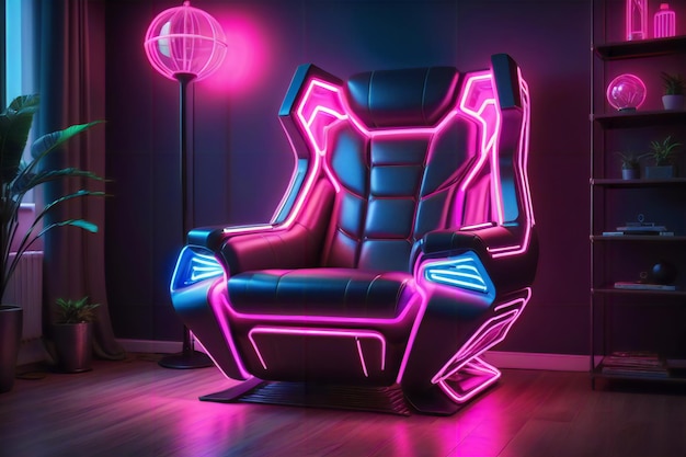 Futuristischer Cyberpunk-Sitz, geschmückt mit Neonlichtern, der Technologie und Stil für einen schicken