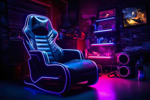 Futuristischer Cyberpunk-Sitz, geschmückt mit Neonlichtern, der Technologie und Stil für einen schicken