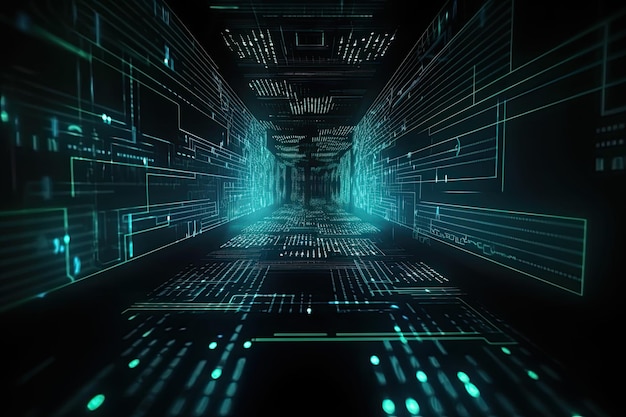 Foto futuristischer cyberspace-tunnel mit leuchtenden lichtern 3d-rendering futuristisches html-code-hologramm mit plexus-technologie ai generiert