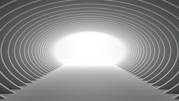 Futuristischer elliptischer weißer Tunnel mit Licht am Ende 3D-Illustration