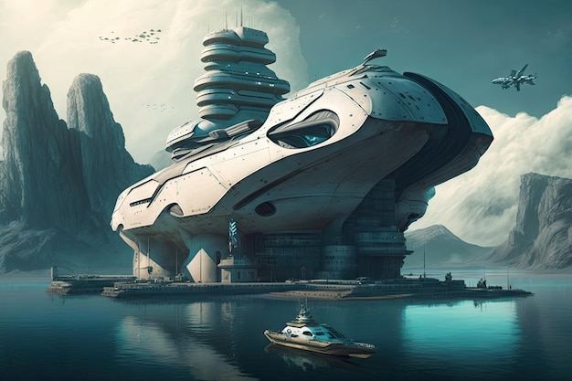 Futuristischer Frachthafen der Zukunft in Form eines Hightech-Raumschiffs mit Blick aufs Meer, erstellt mit generativ