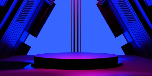 Futuristischer Gaming-E-Sport-Hintergrund, abstrakte Tapete, Cyberpunk-Stil, SciFi-Spiel, Bühne, Konzertszene im Sockel-Ausstellungsraum, LED-Neonlicht, 3D-Illustrationswiedergabe