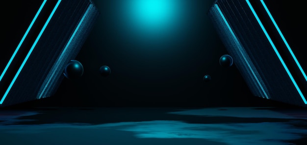 Futuristischer Gaming-E-Sport-Hintergrund, abstrakte Tapete, Cyberpunk-Stil, SciFi-Spiel, Bühne, Konzertszene im Sockel-Ausstellungsraum, LED-Neonlicht, 3D-Illustrationswiedergabe