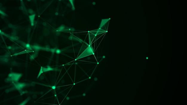 Futuristischer geometrischer Fluss mit Verbindungspunkten und Linien Abstrakter grüner digitaler Hintergrund Globales Netzwerkkonzept Big-Data-Komplex mit Verbindungen 3D-Rendering