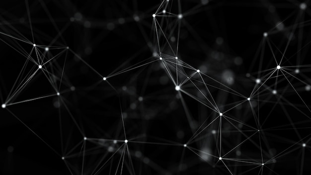Futuristischer geometrischer Fluss mit Verbindungspunkten und Linien Abstrakter schwarzer digitaler Hintergrund Globales Netzwerkkonzept Big-Data-Komplex mit Verbindungen 3D-Rendering