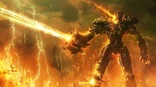 Futuristischer gepanzerter Soldat steht mitten in der zerstörten Stadt, er schießt mit seiner Waffe und es gibt eine Explosion hinter ihm.