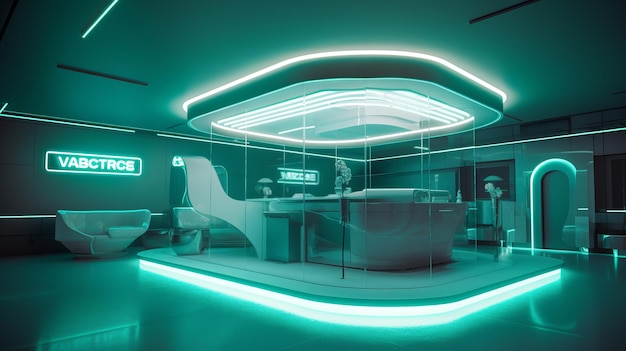 Futuristischer Geschäftsrauminnenraum mit neonglühender KI generiert