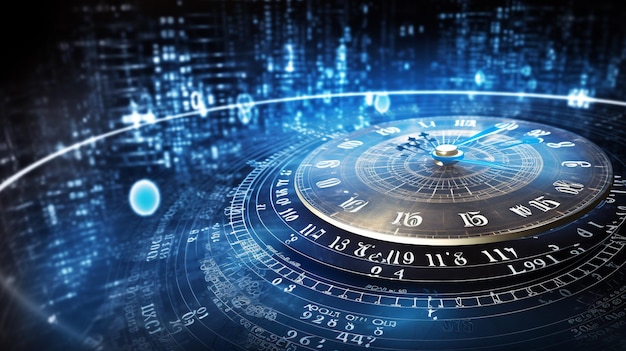 futuristischer Hintergrund mit einer Uhr und einem von der KI erzeugten blauen Licht