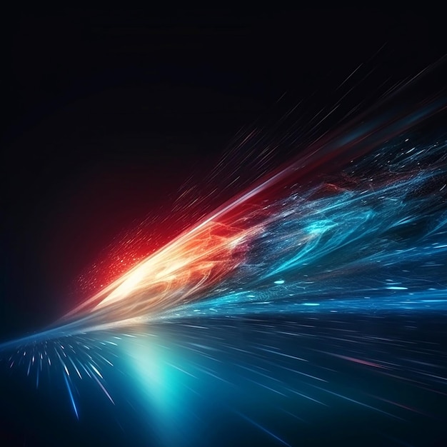 Futuristischer Hochgeschwindigkeits-Lichtschweif am Nachthimmel. Helle Farben, Farbübergänge und Linien