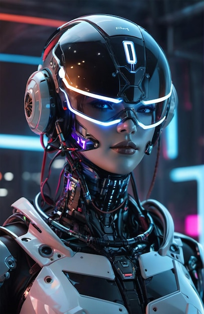 Futuristischer Humanoid, der eine bionische Rüstung mit neonleuchtendem Cyberpunk-Stil trägt