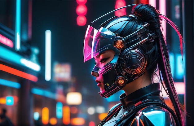 Futuristischer Humanoid, der eine bionische Rüstung mit neonleuchtendem Cyberpunk-Stil trägt