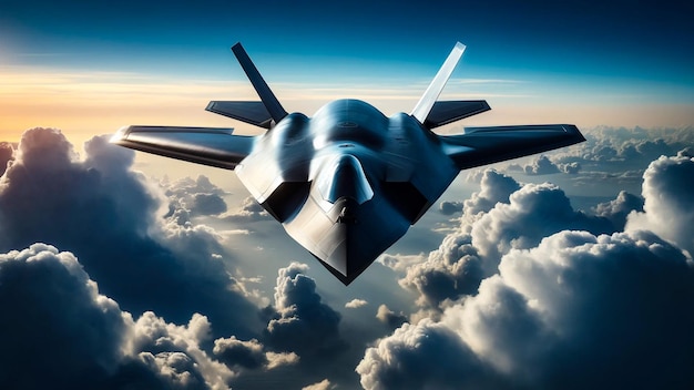 Futuristischer Kampfflugzeug durchbohrt den Himmel über dem Cumulus-Wolkenmeer
