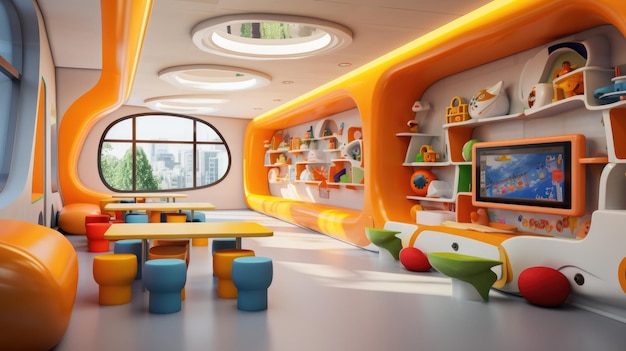 Futuristischer Kindergarten Modernes Interieur des Kinderzimmers Helle Farben und futuristische fließende Formen