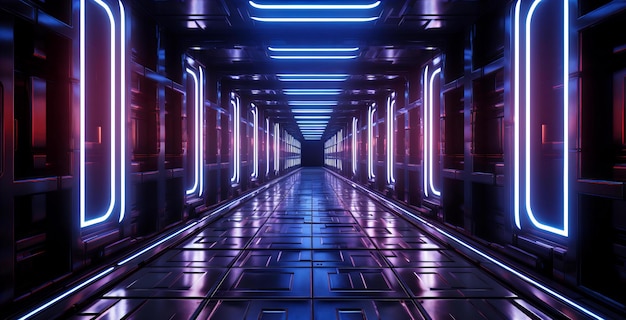 Foto futuristischer korridor, der in neonblau- und rotlicht gebadet ist, reflektierender metallboden, wissenschaftliches ambiente