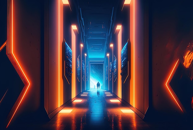 Futuristischer Korridor, in dem die Lichter blau und orange leuchten