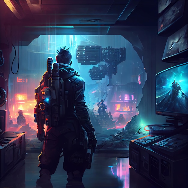 Futuristischer Krieger des Cyberpunk-Soldaten auf epischer Landschaftshintergrundillustration