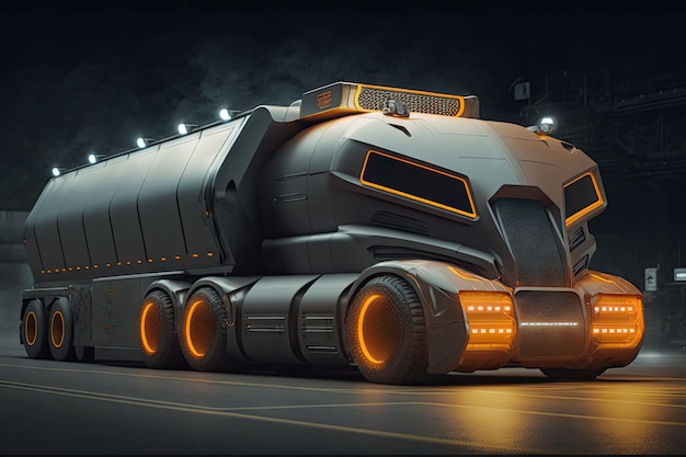 Futuristischer Lastwagen der Zukunft mit kraftvollen Hinterrädern und Scheinwerfern am Grill, der mit Genen erstellt wurde