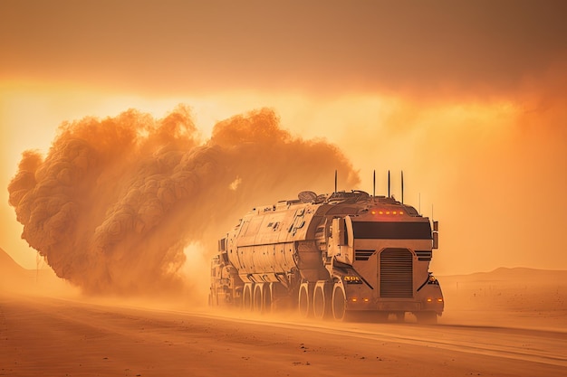 Futuristischer Lastwagen rast am Sonnenuntergang vorbei über der Wüste, in der Ferne ein Staubsturm