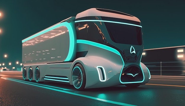 Futuristischer Lkw-Elektrofahrzeugtransport mit hoher Geschwindigkeit auf der Autobahn Generative Ai