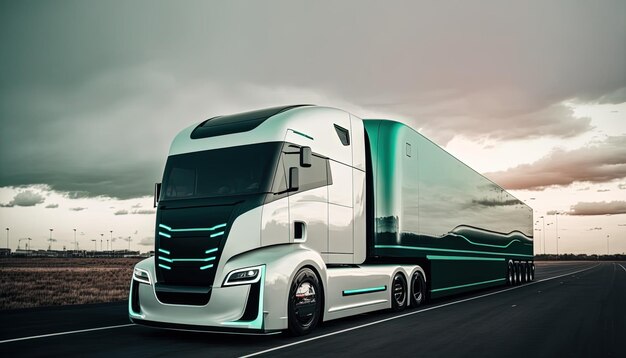 Futuristischer Lkw-Elektrofahrzeugtransport mit hoher Geschwindigkeit auf der Autobahn Generative Ai