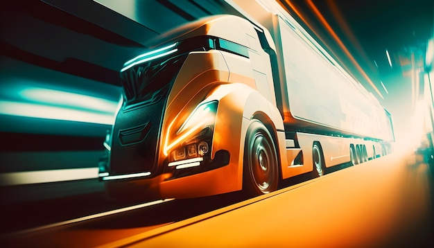 Futuristischer LKW fährt auf der Autobahn bei Sonnenuntergang Illustration ai generativ