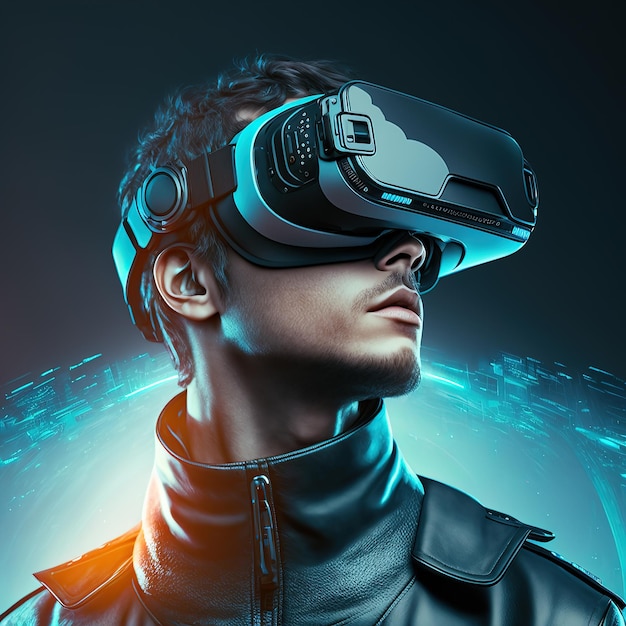 Futuristischer Mann mit 3D-VR-Headset-Brille blickt auf 3D-Illustration