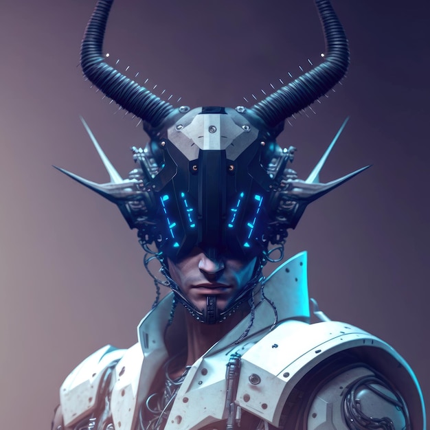 Futuristischer Mann mit Cyberpunk-Hörnern auf dem Kopfkunstkonzept